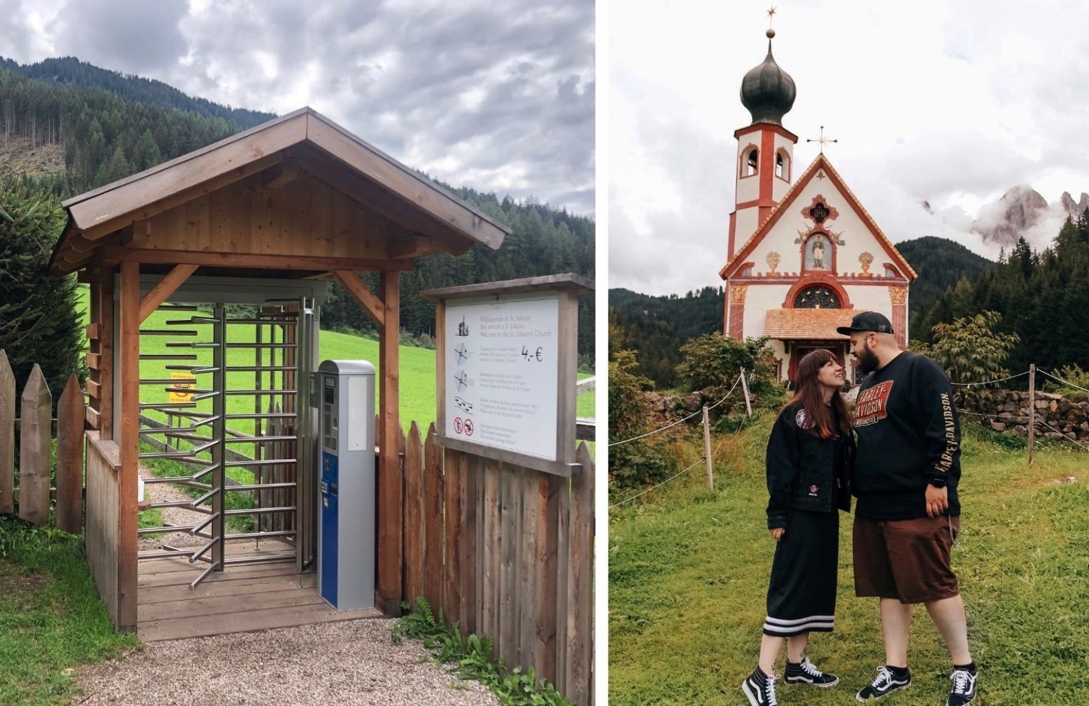 Acceso y foto frente a la Chiesetta di San Giovanni in Ranui. Ruta de 14 días por Dolomitas en furgoneta camper desde España