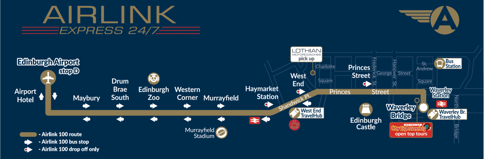 Mapa Airlink. Cómo llegar desde el Aeropuerto de Edimburgo al centro de la ciudad
